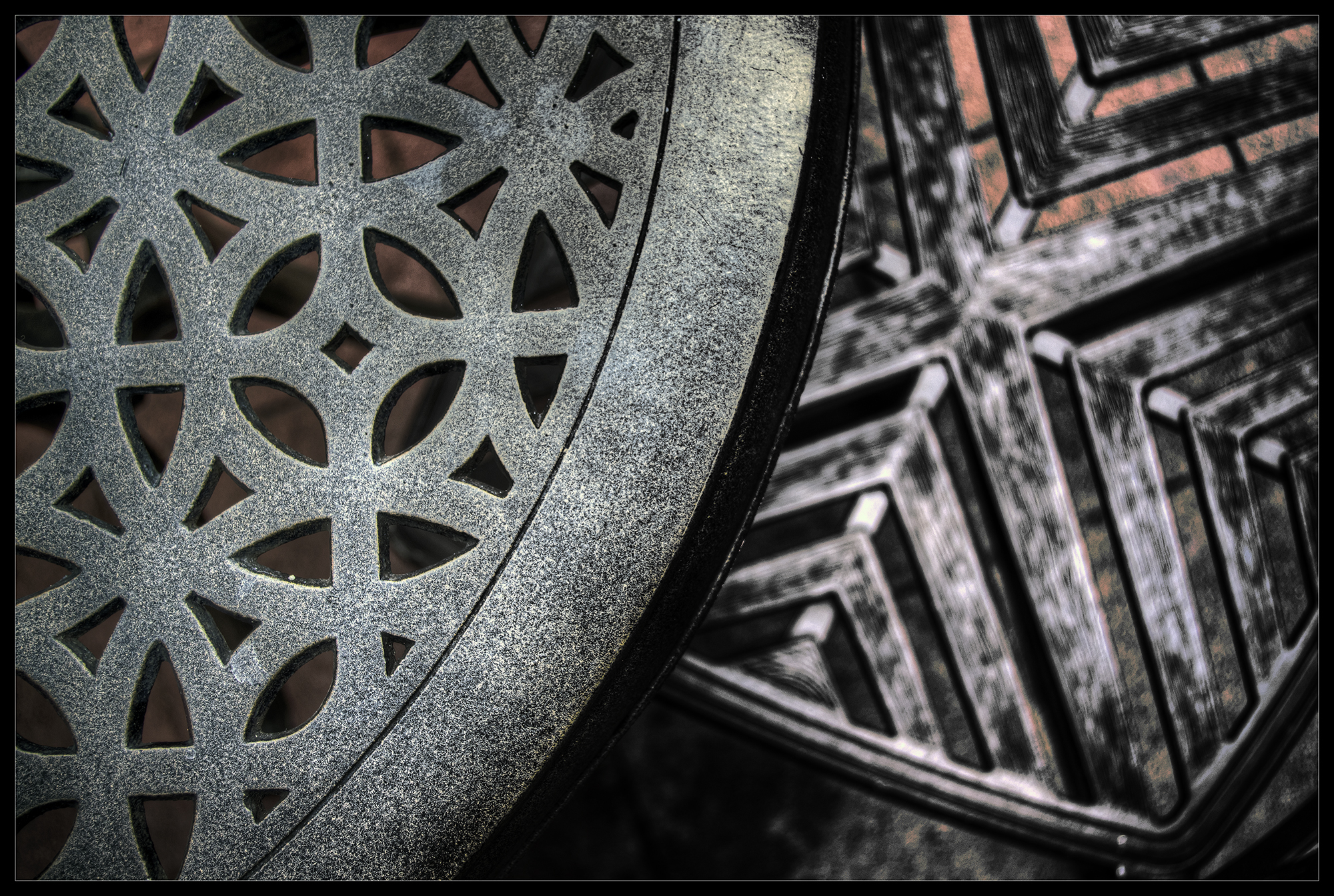 A selective color photo taken from above of various textures.